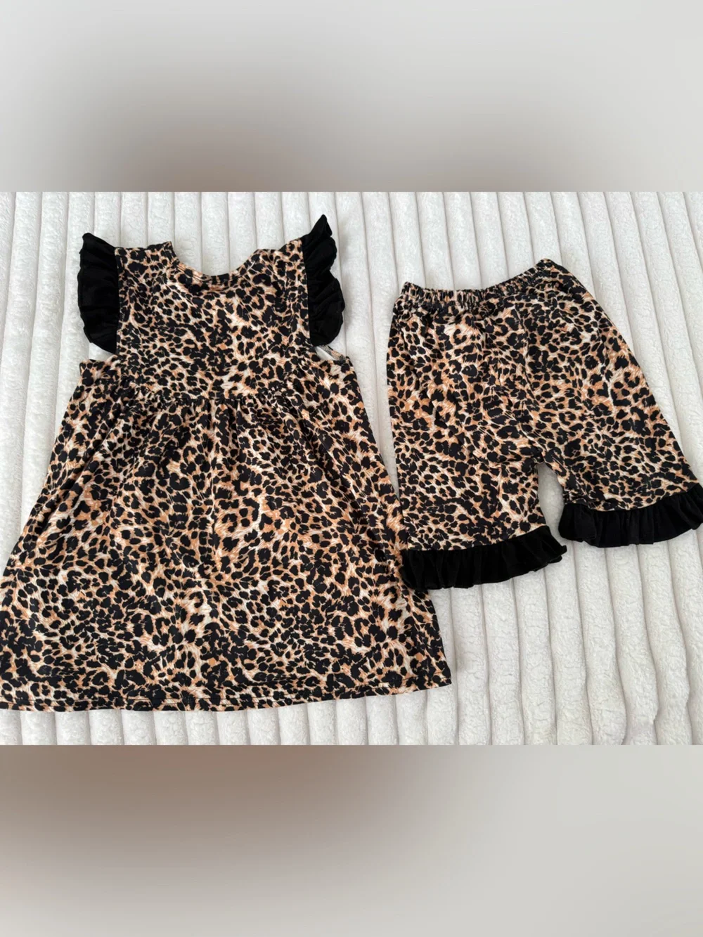 Pipperdoodles Leopard Print Ruffle Tunic Dress & Shorts Set - Black & Tan